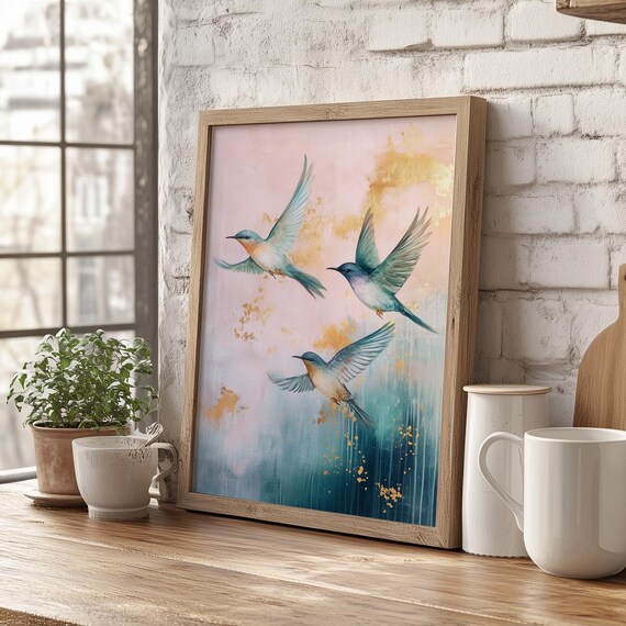 Three Teal Birds In Flight Gold Accent Watercolor Art Poster