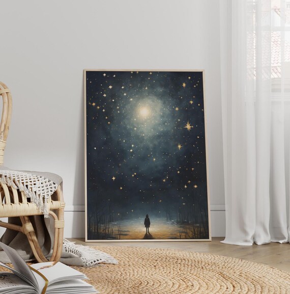 A Kid Wondering On Starry Night Wall Art Print Or Canvas Celestial Dark Room Poster Gothic And Beautiful Stars Moon
