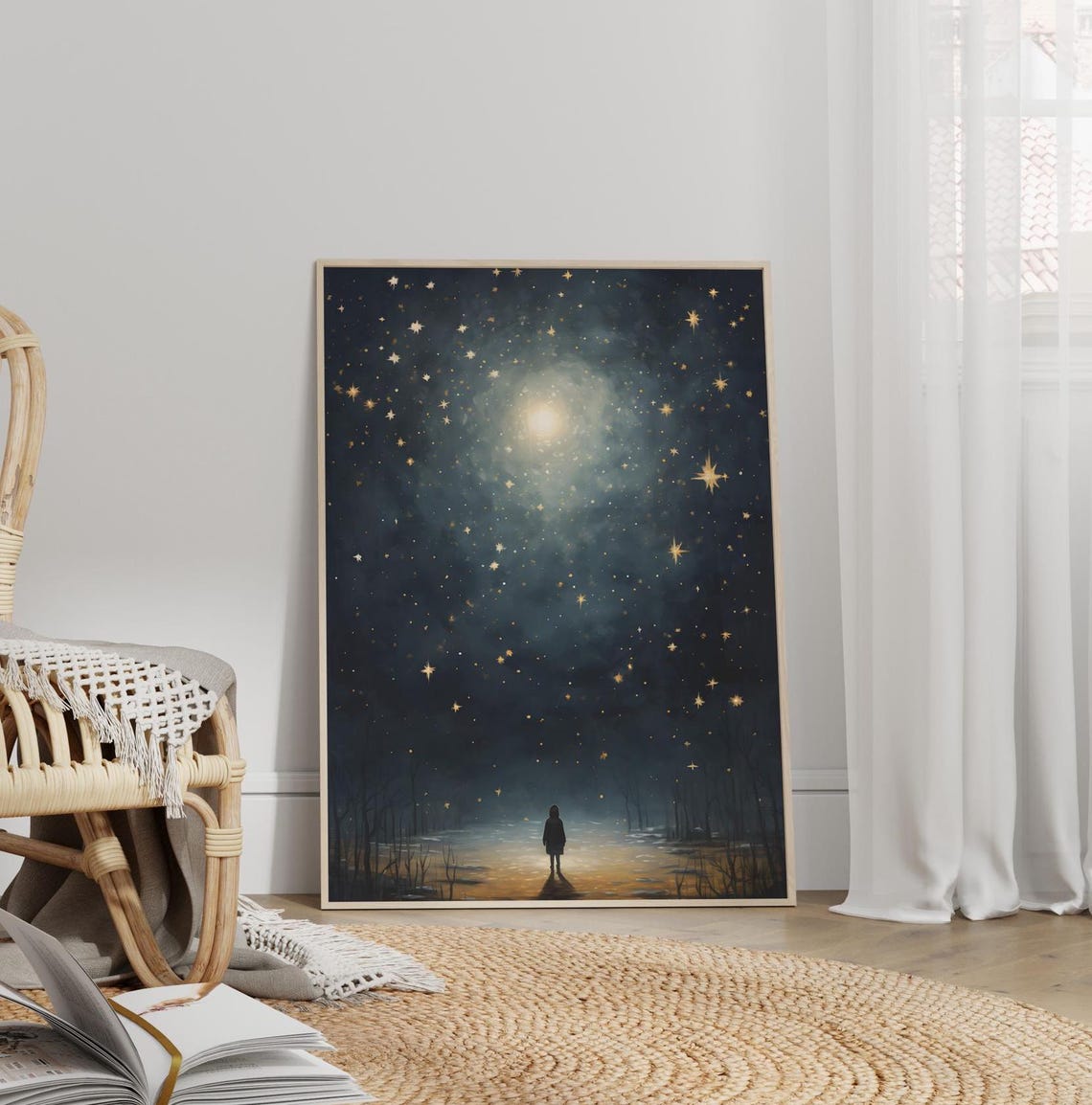 Child Silhouette Under Starry Night Sky Celestial Dream Poster