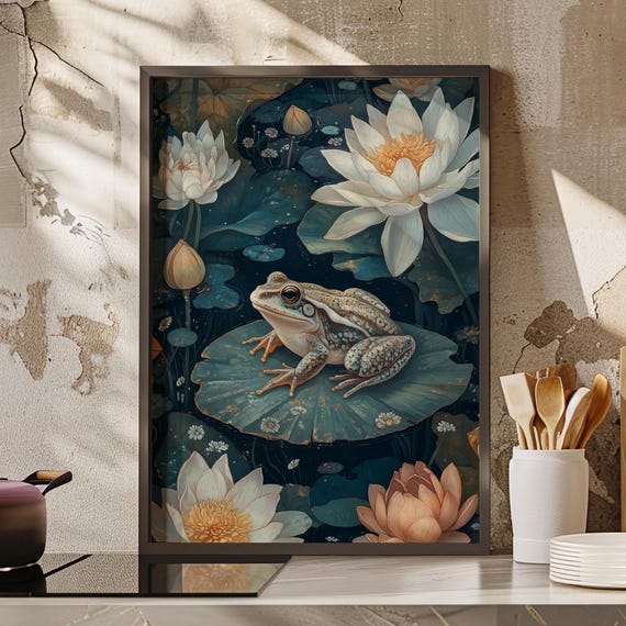 Frog Sitting On A Lily Pad Among Flowers Classic Vintage Oil Painting Poster Or Canvas Print In The Pond Floral Botanical