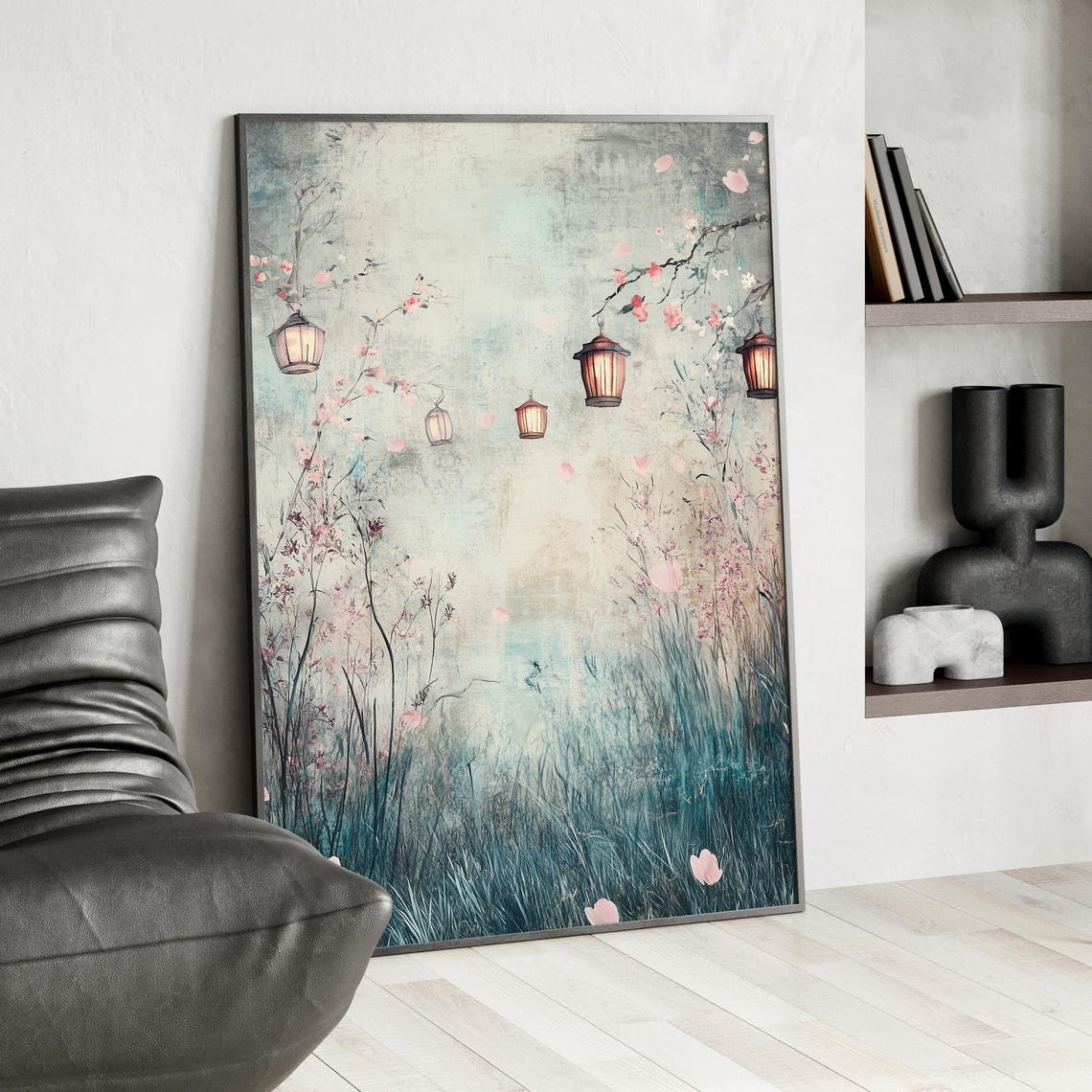 Japanese Paper Lanterns Cherry Blossom Whimsical Painting Poster - Image 4