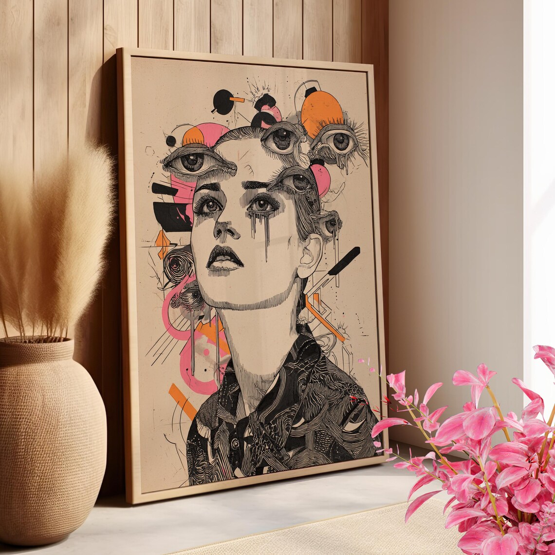 Surreal Woman with Multiple Eyes Abstract Line Art Boho Face Poster