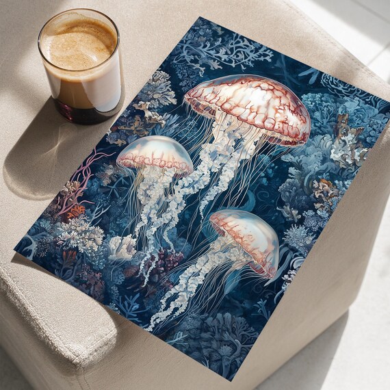Jellyfish Floating Among Intricate Coral Patterns Classic Vintage Oil Painting Poster Or Canvas Ocean Sea Animal Print Life Wall Art