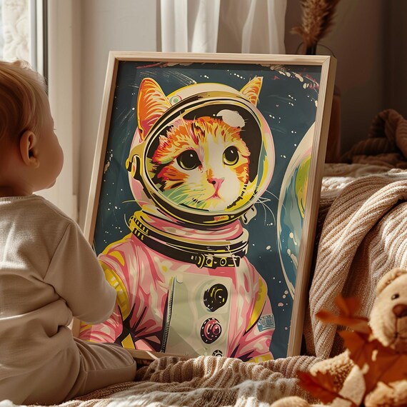 Retro Style Pink Astronaut Cat Illustration Poster Or Canvas Print In Space Portrait Whimsical Art Tabby