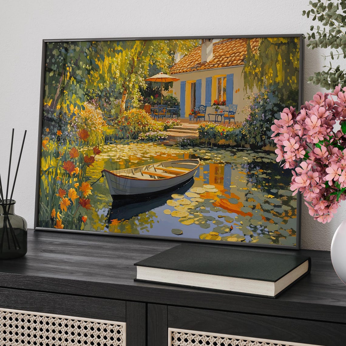 Rowboat on Lily Pond by a Cottage Impressionist Garden Poster