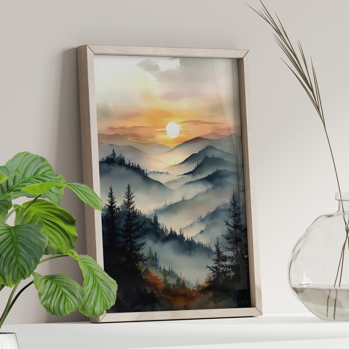 Smoky Mountains Sunset Watercolor Foggy Peaks National Park Poster