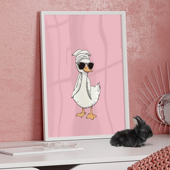 Duck Wearing Sunglasses And Towel Wall Art Poster Or Canvas Print It Girl Minimalist Cute Preppy Pastel Pink Decor