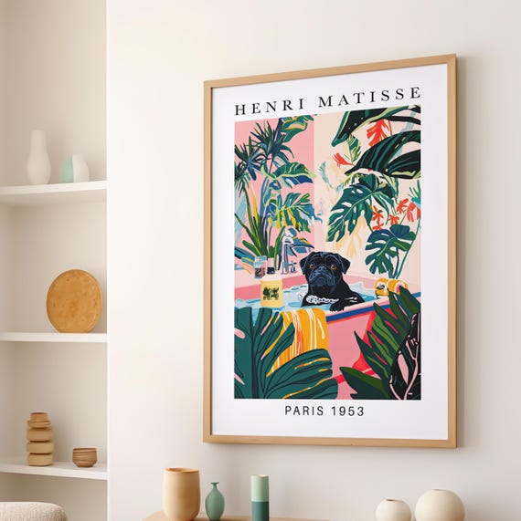 Black Pug In Bathtub Wall Art Poster Or Canvas Print Funny Bathroom Henri Matisse Artwork Maximalist Animal Decor Whimsy Dog