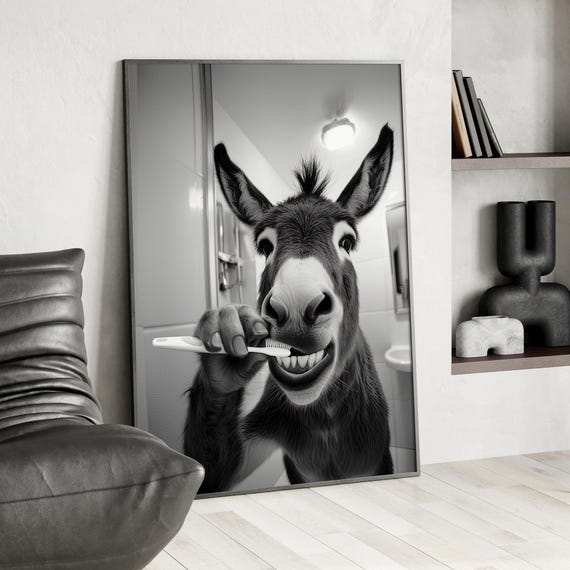 Black And White Donkey Brushing Teeth Wall Art Poster Or Canvas Print Funny Bathroom Decor Retro Humorous Animal In
