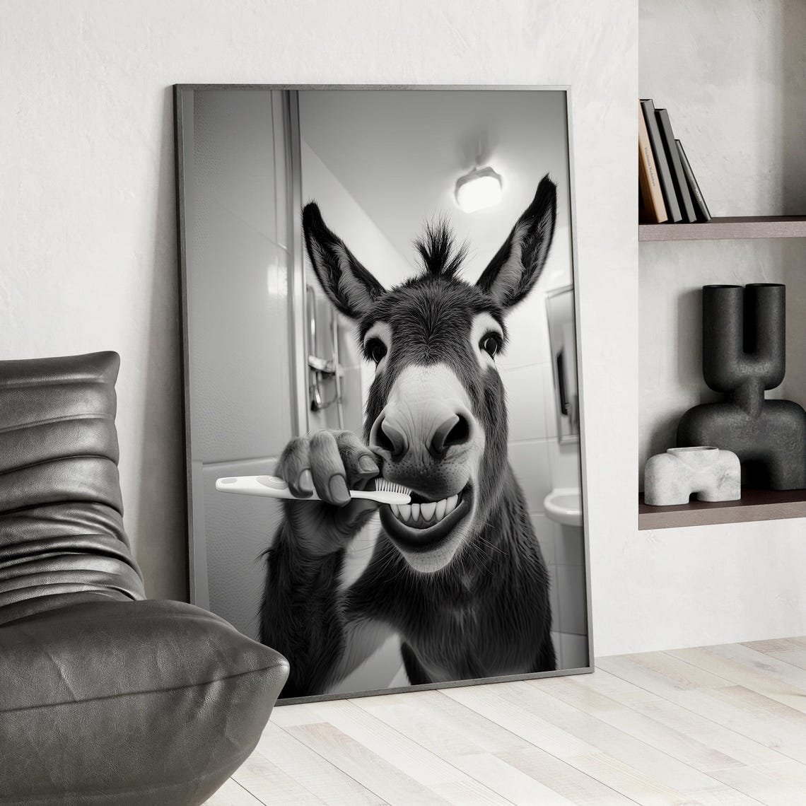 Grinning Donkey Brushing Teeth Funny Black And White Bathroom Poster