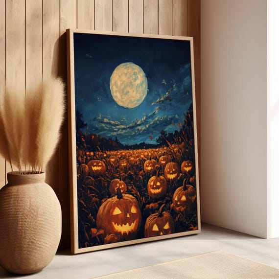 Moonlit Glowing Jackolanterns Field Painting Poster Or Canvas Print Pumpkins Halloween Decor Pumpkin Mystical Wall Art