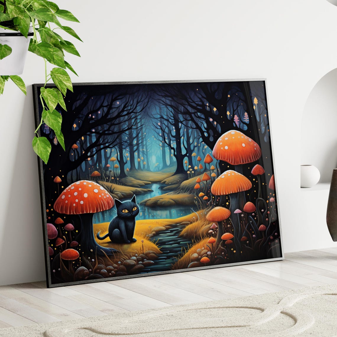 Black Cat in a Moonlit Mushroom Forest Spooky Halloween Poster