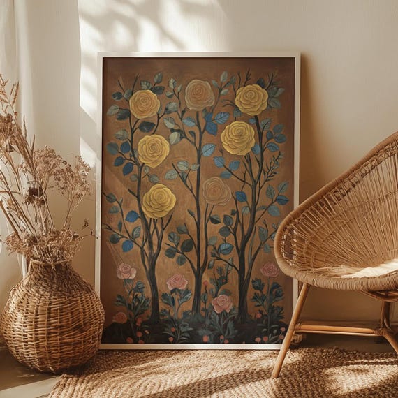 Vintage Roses Botanical Art Poster Or Canvas Print Emile Bernard Inspired Earthy Floral Wall Decor Midcentury Modern Style