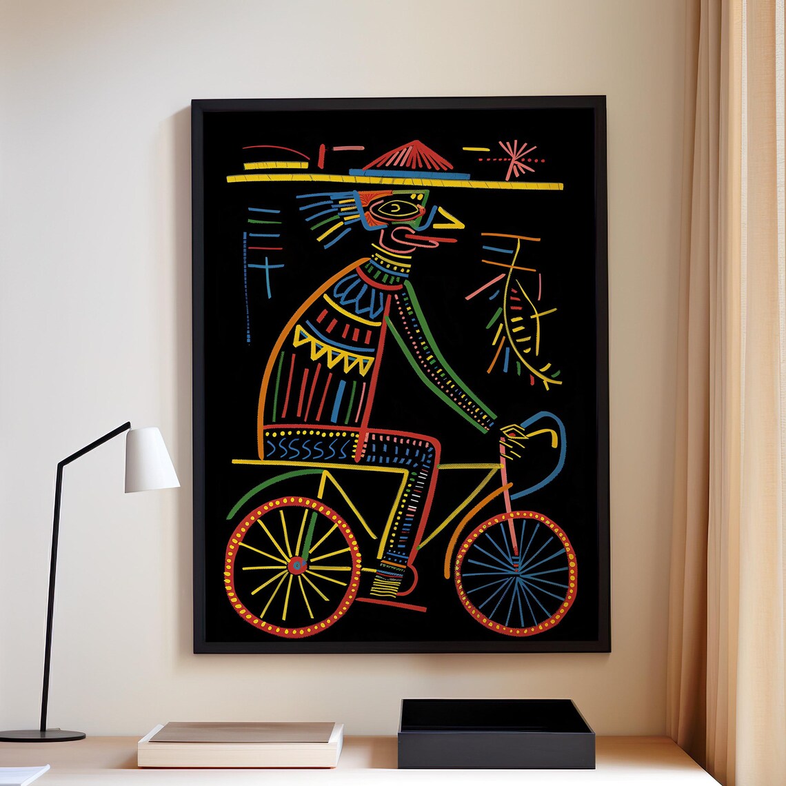 Haitian Folk Art Cyclist Neon Line Painting on Black Wall Art
