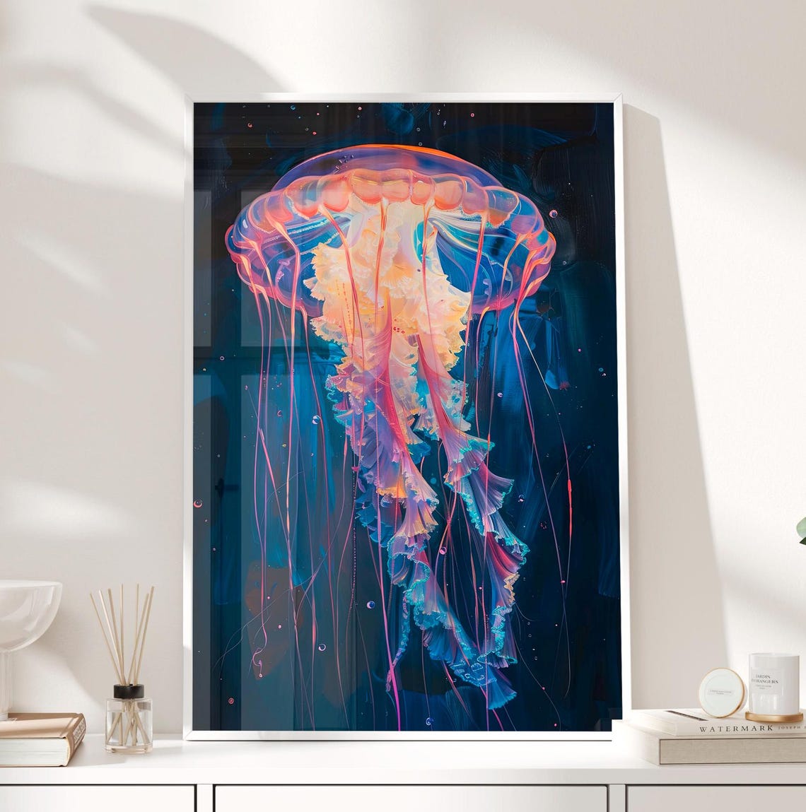 Glowing Neon Jellyfish Deep Sea Dark Water Oil Painting Poster