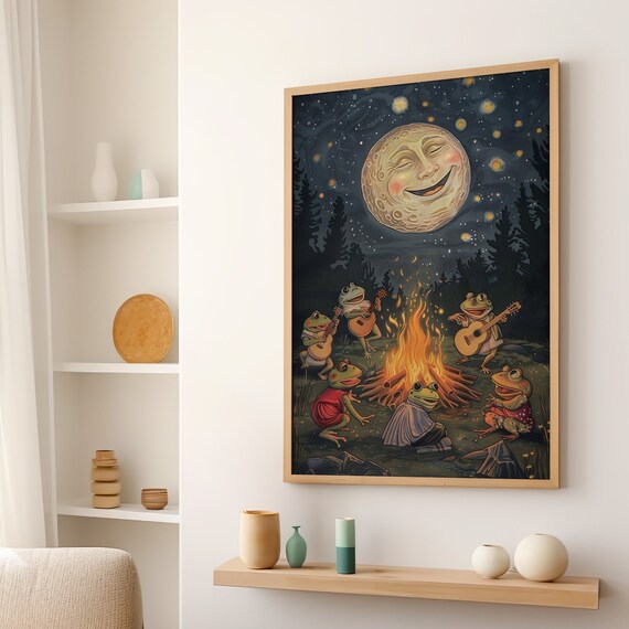 Singing Frogs Campfire Under Smiling Moon Vintage Night Whimsical Poster