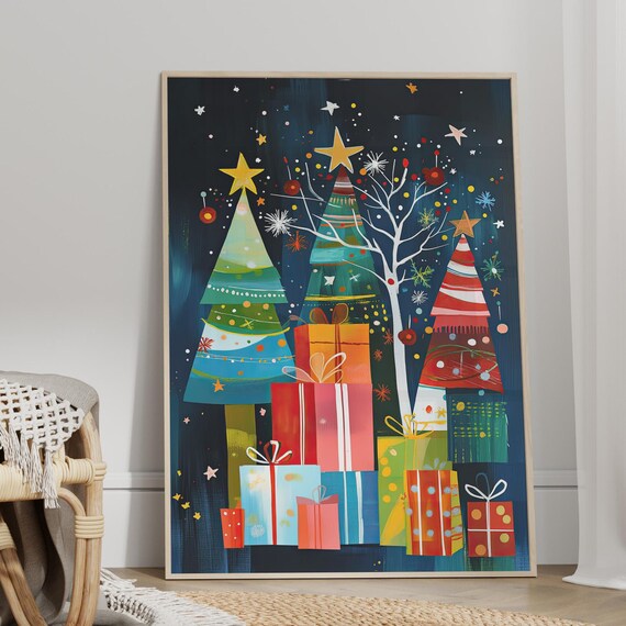 Whimsical Christmas Trees And Gifts Starry Night Festive Poster