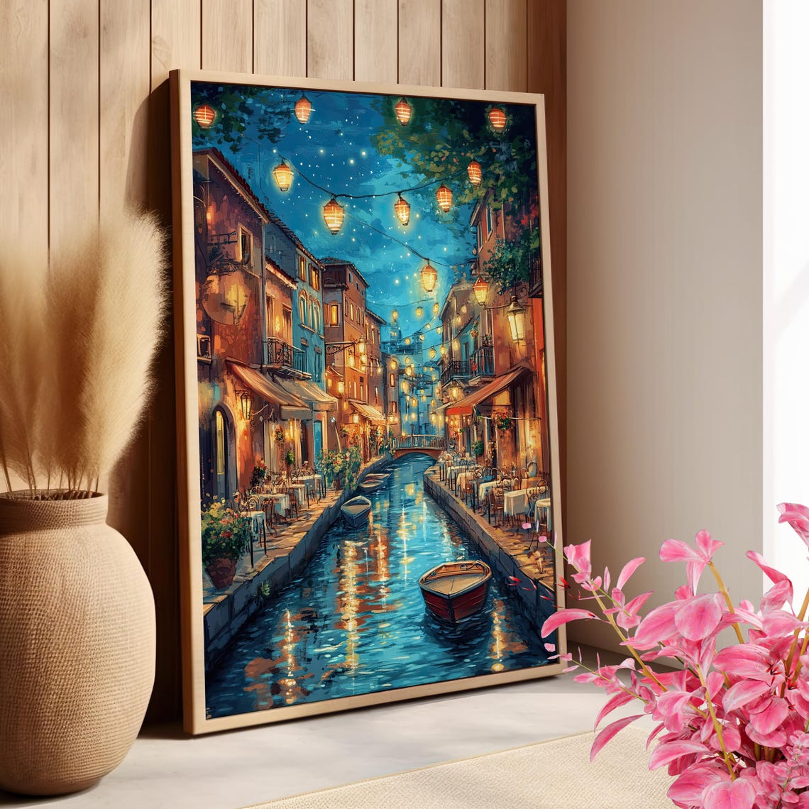 Enchanting Italian Canal At Night With Lanterns And Canal Boats Poster