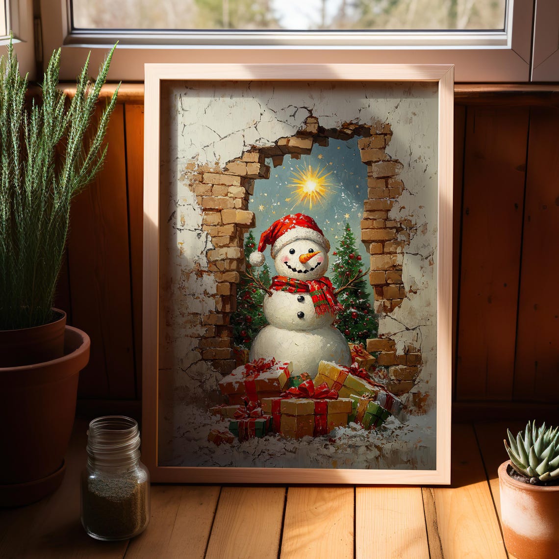 Festive Snowman With Christmas Hat Oil Painting Holiday Poster