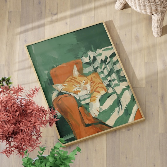 Sleeping Orange Tabby Cat Gouache Cozy Whimsical Cat Art Poster
