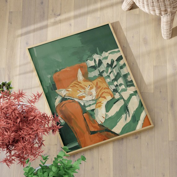 Striped Orange Cat Sleeping Art Poster Or Canvas Print Green Blanket Gouache Illustration Cozy Whimsical Wall Contemporary