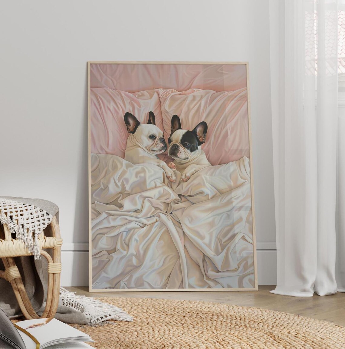 Two French Bulldogs Cuddling In Pink Bed Pastel Bedroom Decor Poster