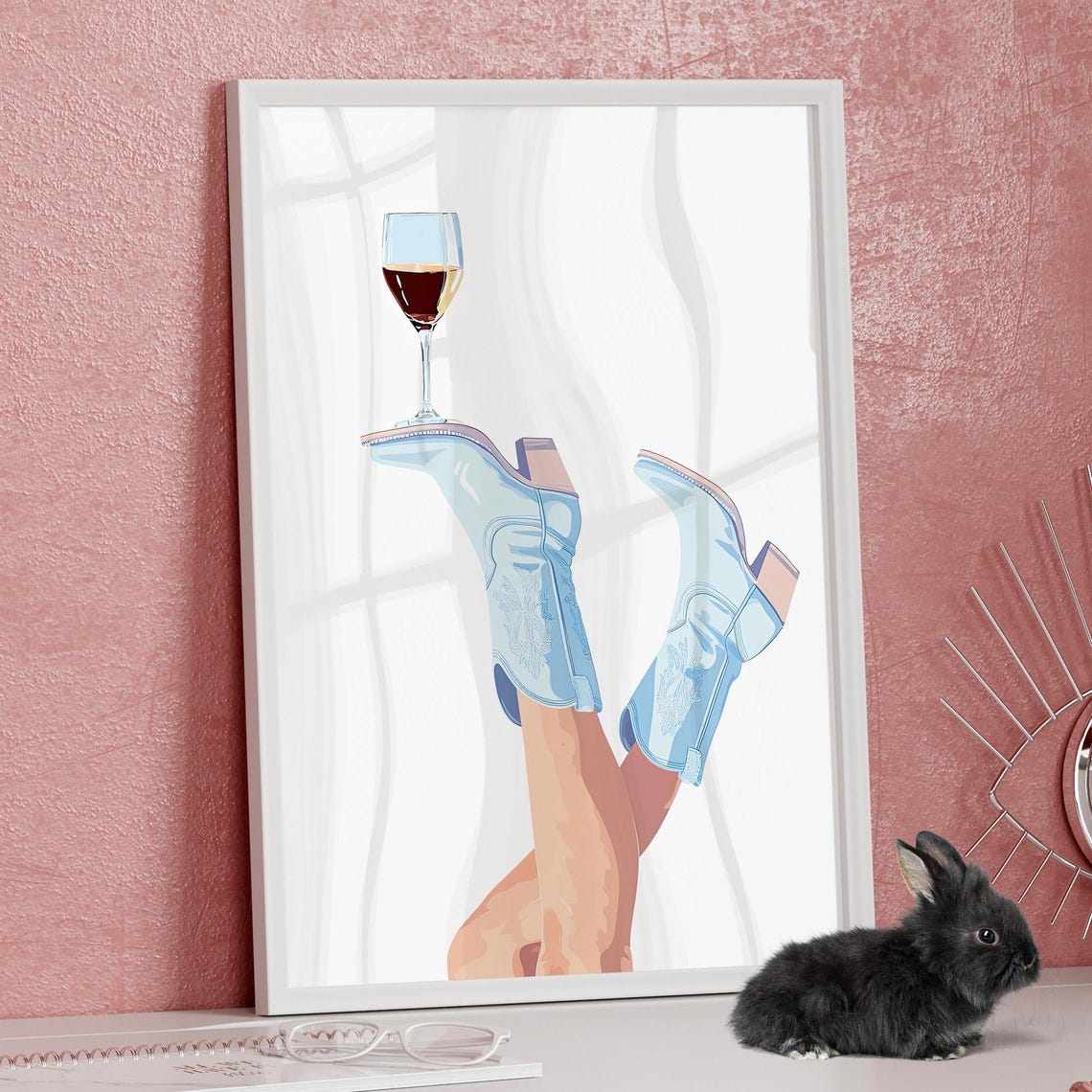 Light Blue Cowgirl Boots With Red Wine Glass Western Art Poster