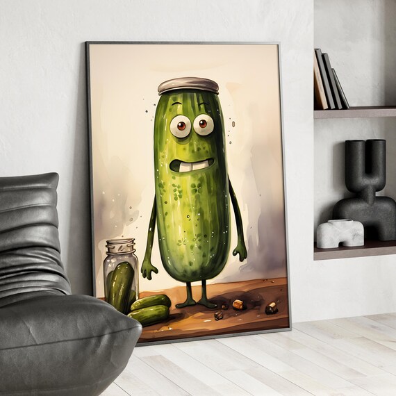Smiling Pickle Character With Jar Lid Hat Funny Kitchen Wall Art