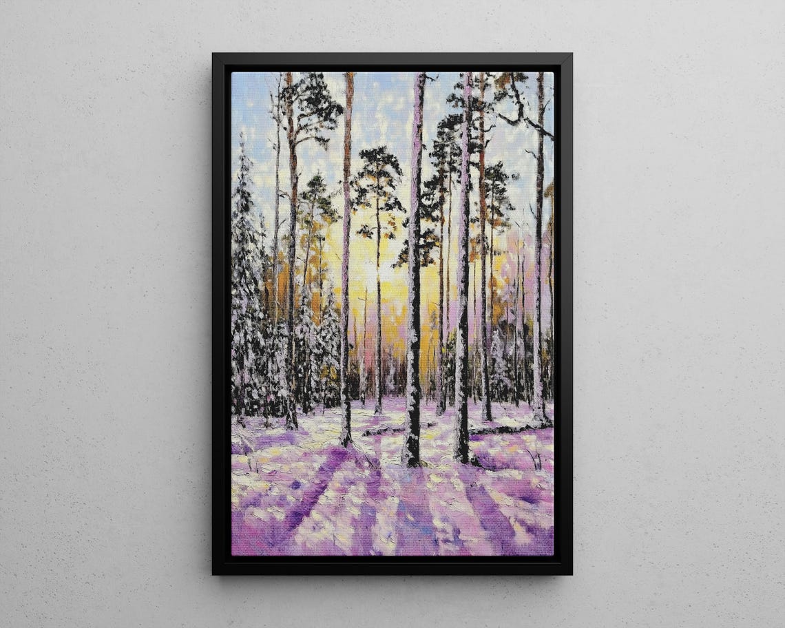 Snowy Pine Forest Sunset Winter Wonderland Nature Painting Poster