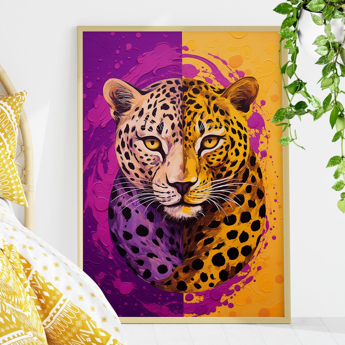 Split Face Leopard Purple And Orange Pop Art Portrait Poster