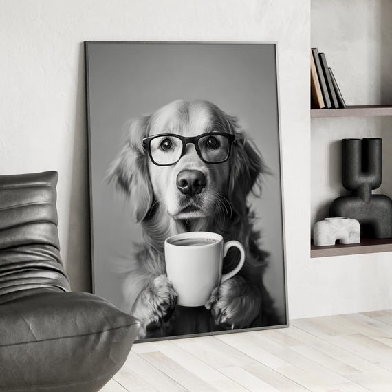 Black And White Golden Retriever Drinking Coffee Wall Art Poster Or Canvas Print Retro Kitchen Funny Dog Bar Trendy