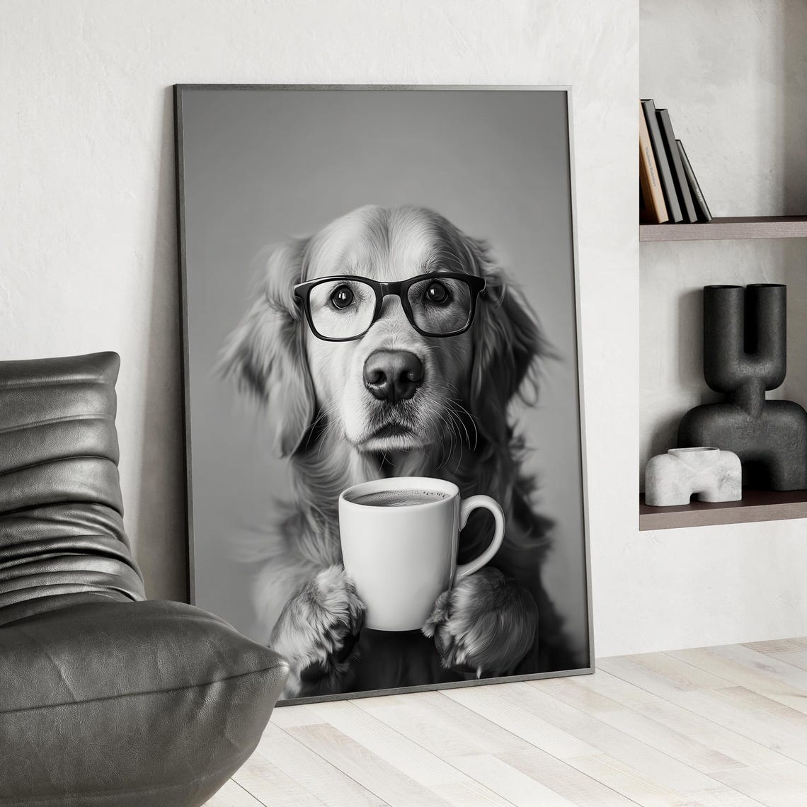 Funny Golden Retriever With Glasses Holding Coffee Cup Poster