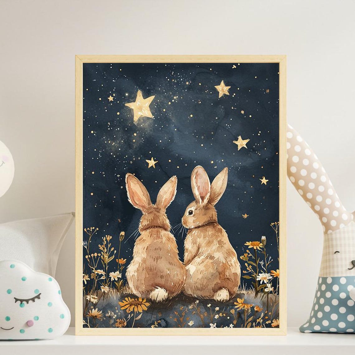 Two Bunnies Under Starry Night Sky Cute Nursery Animal Poster