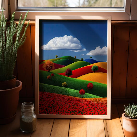 Colorful Rolling Hills And Poppies Landscape Art Print Poster Or Canvas Whimsical Vibrant Nature Wall Fun Abstract Artwork