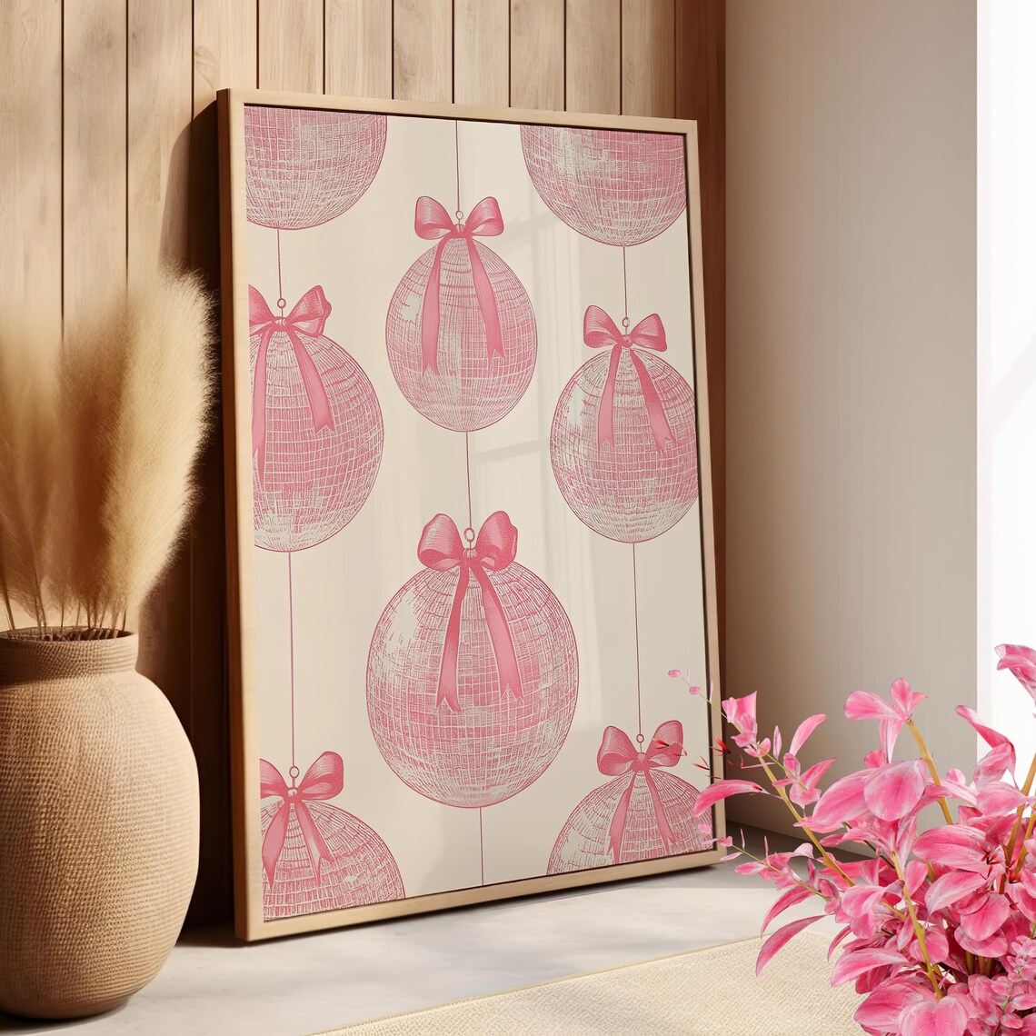 Pink Disco Balls Coquette Bows Girly Retro Party Preppy Wall Art