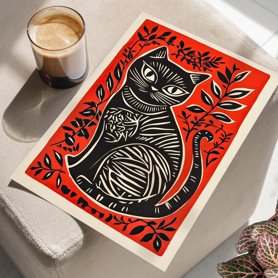 Black Cat Illustration Folk Art Linocut Print Style Wall Poster Or Canvas Red Wood Block