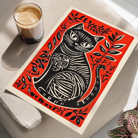 Bold Black Cat On Red Linocut Folk Art Style Illustration Poster