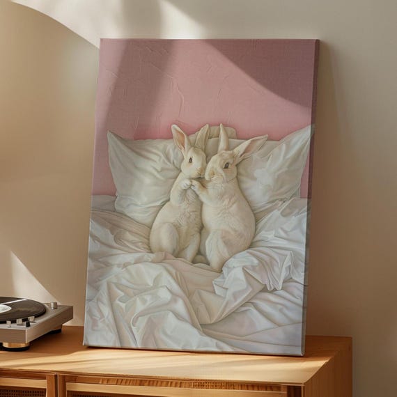 Rabbit Couple In Bed Poster Or Canvas Print Romantic Bunny Wall Art Lovers Gift Cute Pastel Pink Bedroom Decor