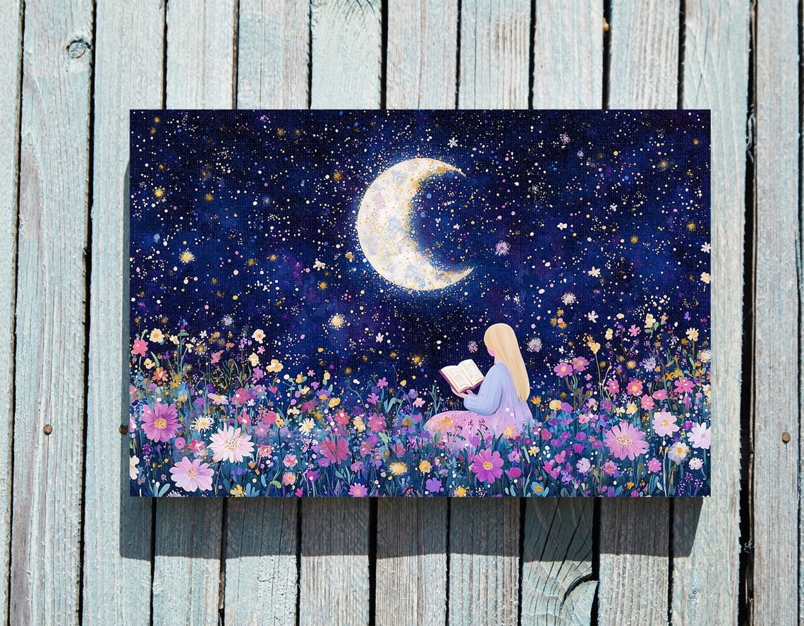 Girl Reading Under Crescent Moon Starry Night Flower Meadow Art Print - Image 2