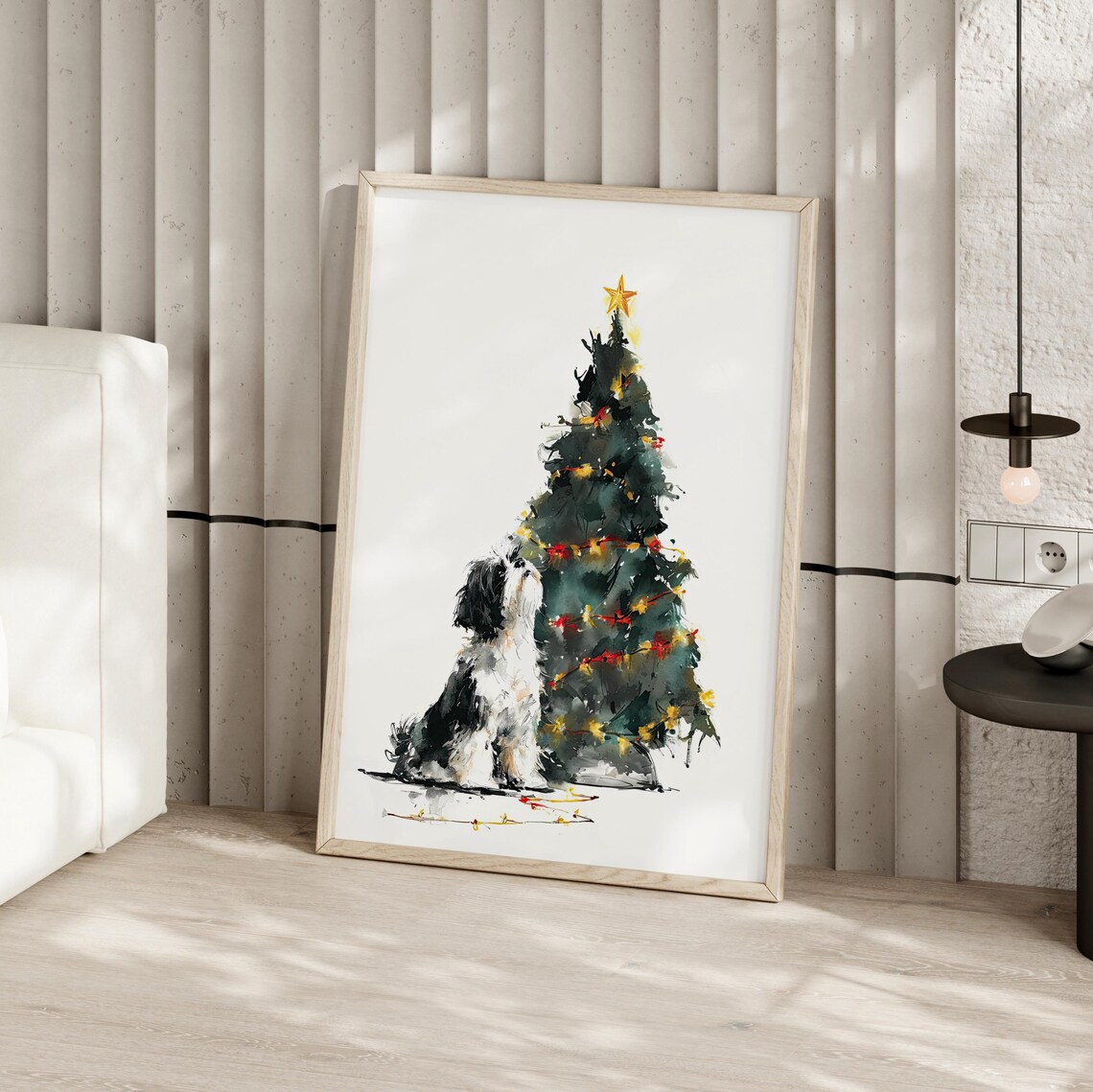 Small Black And White Dog By Christmas Tree Holiday Art Poster