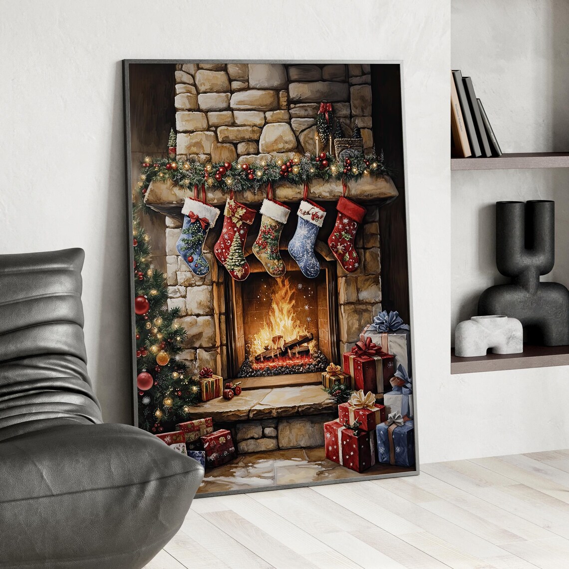 Cozy Christmas Fireplace Poster Stockings Mantel Gifts Realistic Art Decor