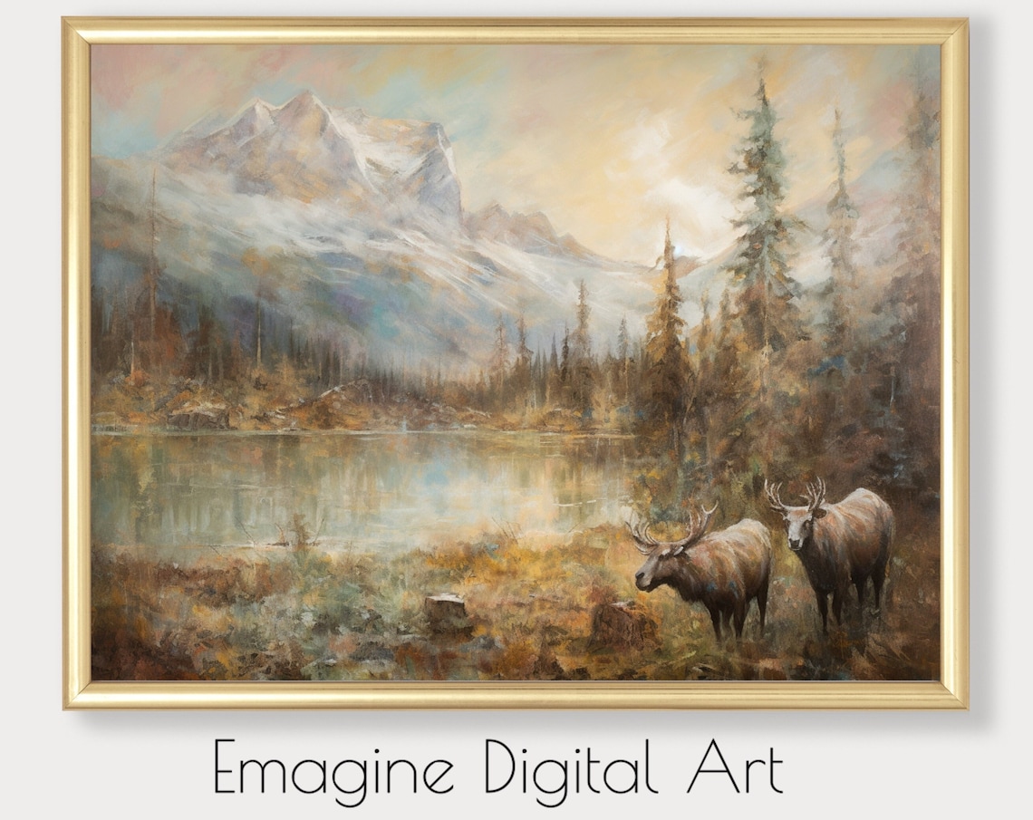 Two Elk by a Mountain Lake Autumn Wilderness Painting Poster
