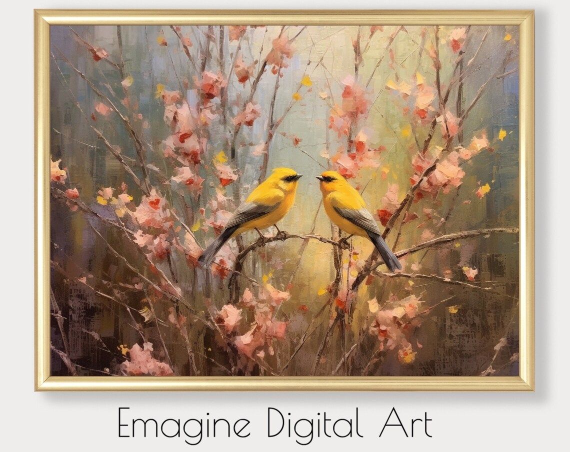 Two Yellow Birds on Pink Blossom Branch Impressionist Poster