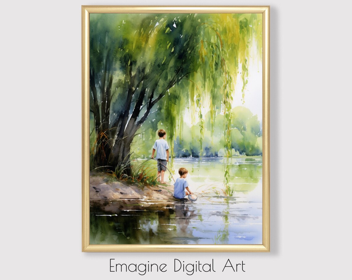Weeping Willow Lake Two Boys Fishing Watercolor Country Art Poster