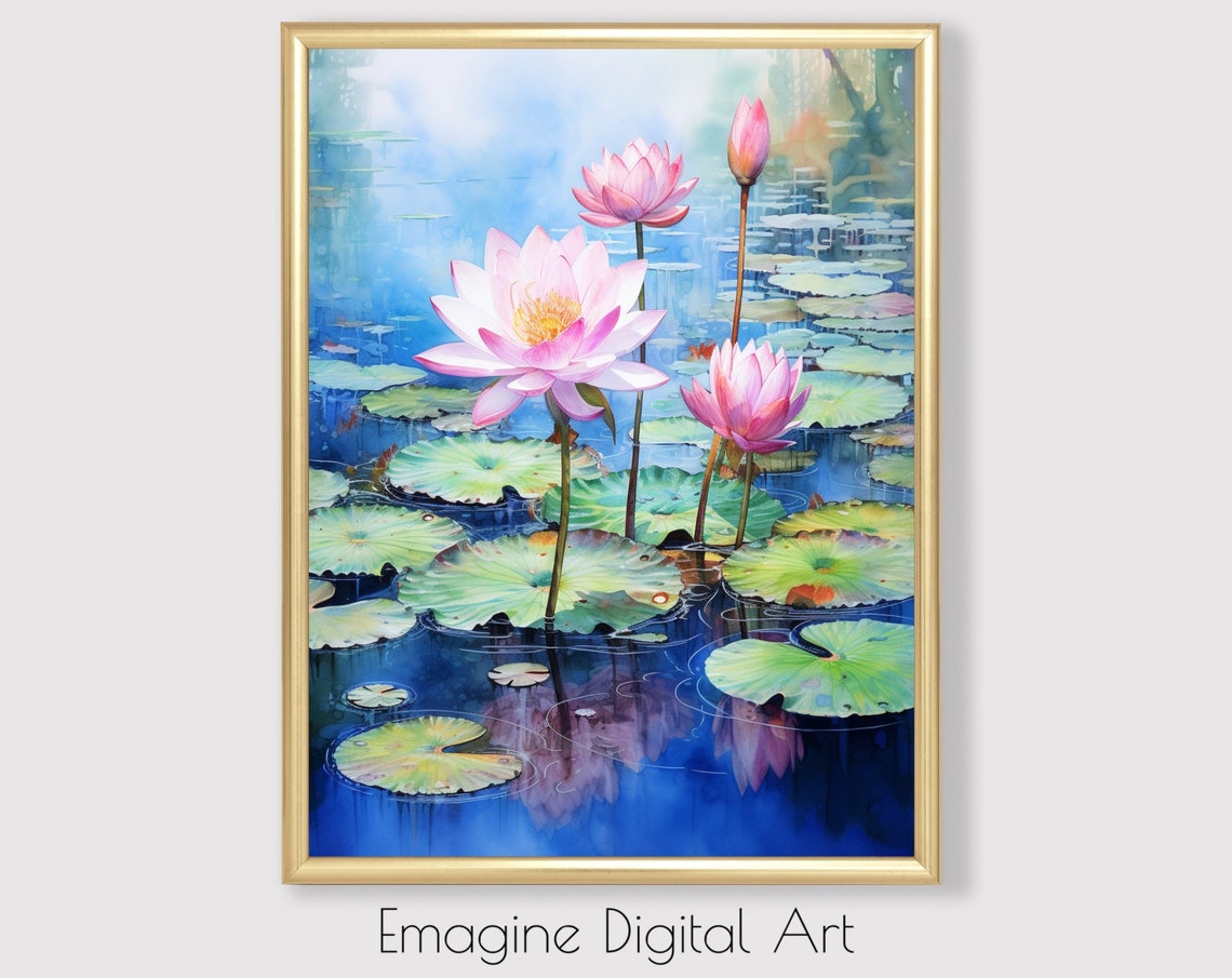 Pink Water Lilies Pond Watercolor Poster Floral Botanical Zen Decor