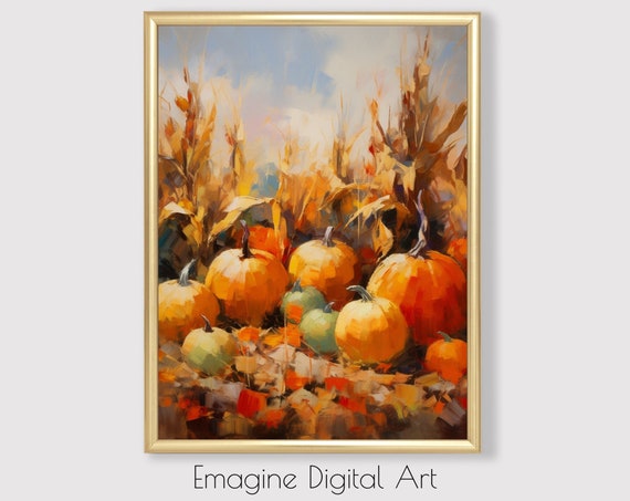 Art Pumpkins Autumn Leaves And Cornstalks Painting Thanksgiving Wall Decor To Print Frame Tg04