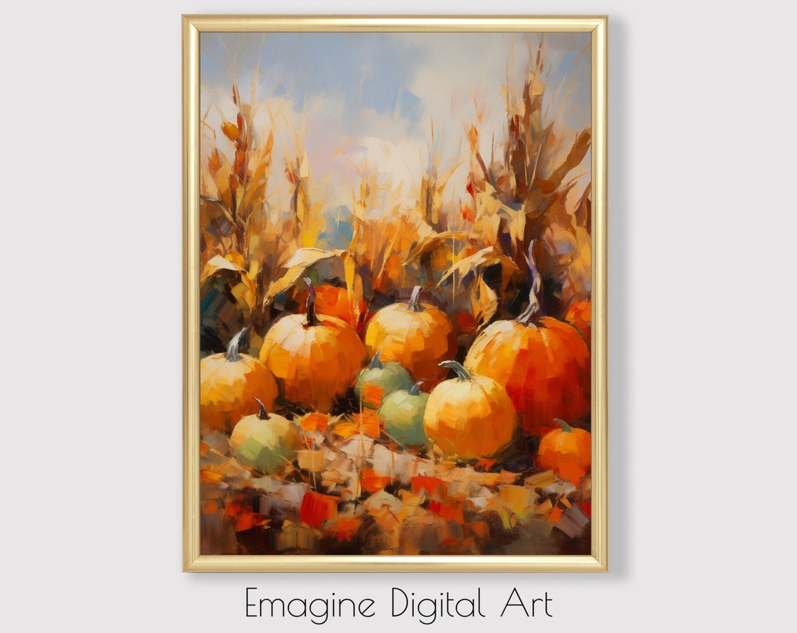 Autumn Pumpkin Patch Cornfield Impressionist Harvest Painting Poster