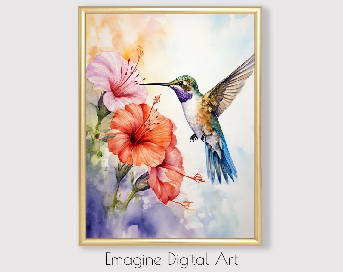 Hummingbird and Hibiscus Art Print, Floral Bird Decor