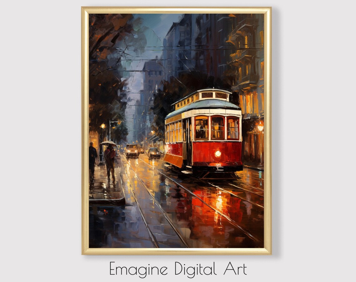 San Francisco Cable Car Rainy Night Street Impressionist Poster Art