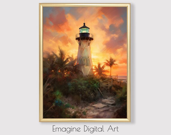 Key West Lighthouse Tropical Sunset Palm Tree Oil Painting Poster